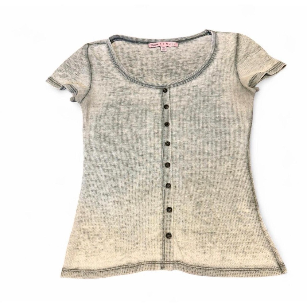 Crave Fame Women XS Gray Thermal Henley Top Button Front Y2K Baby Tee
